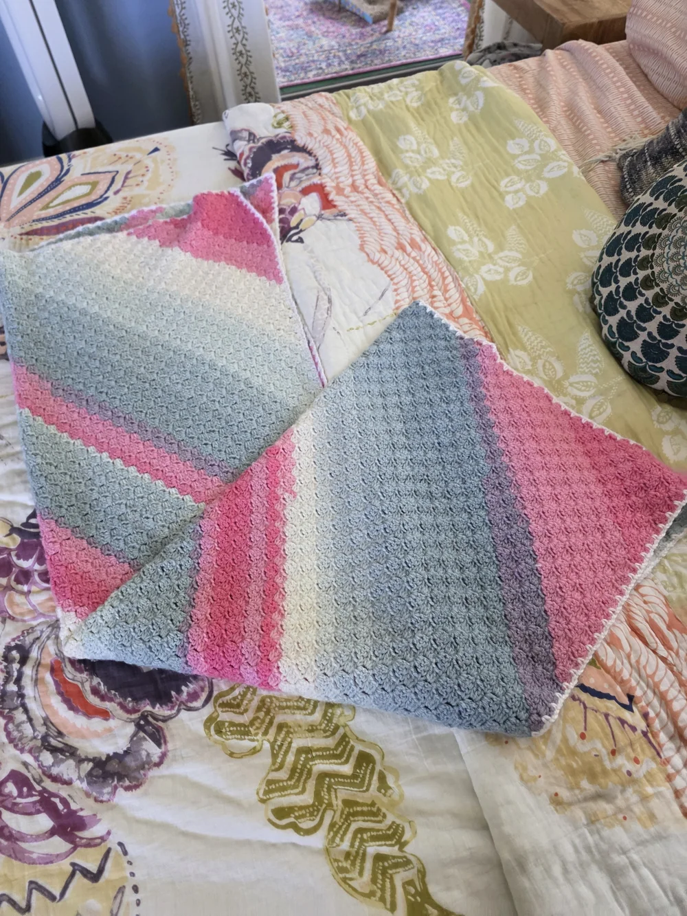 Handmade Striped Crochet Throw Blanket - Pink, Blue & White